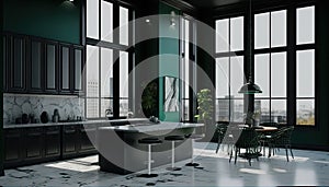 Modern stylish dark green apartment large window and high ceiling. Generative AI