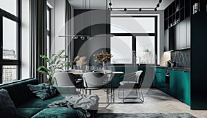Modern stylish dark green apartment large window and high ceiling. Generative AI