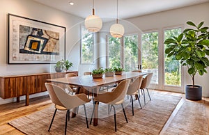 A modern and stylish dining room featuring sleek, trendy furniture, a minimalist wooden dining table, and elegant chairs, accented