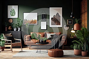 Modern stylish interior of living room with brown leather sofa, green walls, and potted plants. Generative AI