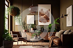 Modern stylish interior of living room with brown leather sofa, green walls, and potted plants. Generative AI