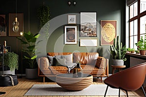 Modern stylish interior of living room with brown leather sofa, green walls, and potted plants. Generative AI