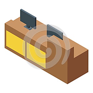 Isometric illustration of modern office workstations with dual monitors photo