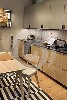 Modern stylish kitchen and dining area in contemporary apartment