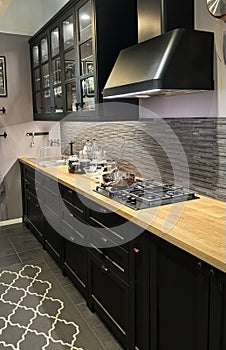 Modern stylish kitchen and dining area in contemporary apartment