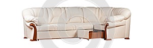 Modern stylish sofa from beige leather isolated over white