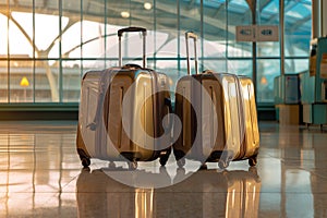 Modern stylish suitcases standing in empty airport hall, unrecognizable traveller's luggage