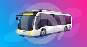 A modern, stylized illustration of a white bus with black windows, designed with sleek,