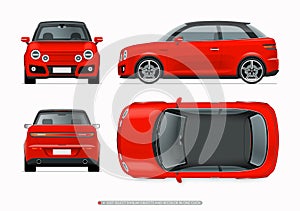 Modern subcompact city car mockup. Side, top, front and rear view of realistic small car isolated on white background.