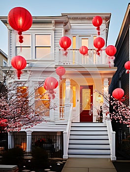 Modern suburban home aglow with the warmth of Lunar New Year lanterns