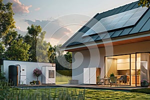 Modern suburban house, smart home powered by photovoltaic solar cells