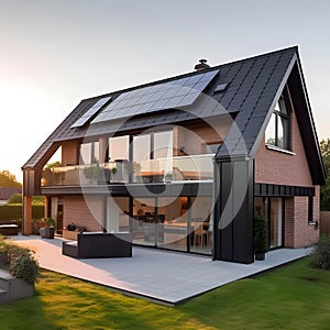 Modern suburban house with solar panels installed on its roof. The panels are sleek and black, seamlessly integrated into the