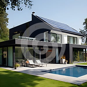 Modern suburban house with solar panels installed on its roof. The panels are sleek and black, seamlessly integrated into the