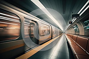 modern subway with sleek trains and comfortable seating, speeding through the city