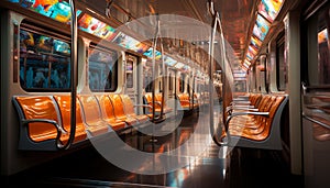 Modern subway train speeding through underground, illuminating blue glass reflection generated by AI