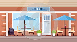 Modern summer cafe shop exterior empty no people street restaurant terrace outdoor cafeteria flat horizontal photo