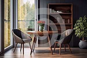 Modern summer house sitting and dining area with leather upholstered dining chairs a round wooden table and display shelves set