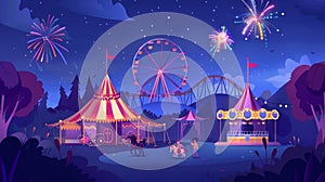 Modern summer landscape with children playing at a carnival funfair at night. Cartoon summer scene with roller coaster