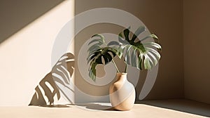 Modern summer minimal of plant in sunlight with long shadows on beige wall background