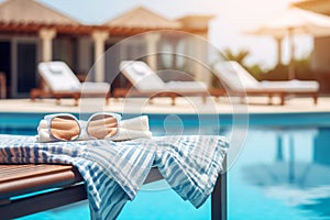 Modern sun lounger with sunglasses poolside at a luxury resort, a serene summer holiday