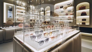 A modern sunglasses display wall, Ai generated image