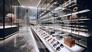 A modern sunglasses display wall, Ai generated image
