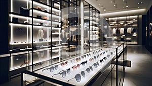 A modern sunglasses display wall, Ai generated image