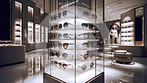 A modern sunglasses display wall, Ai generated image