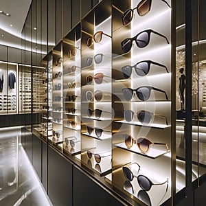 A modern sunglasses display wall, Ai generated image
