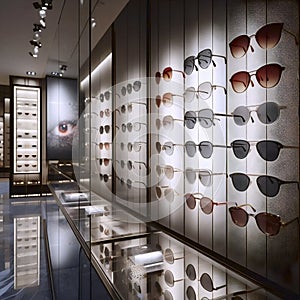 A modern sunglasses display wall, Ai generated image