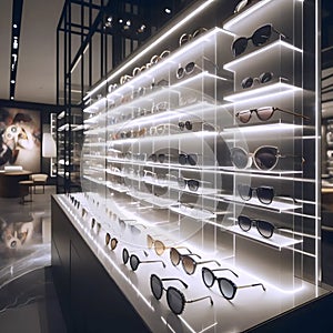 A modern sunglasses display wall, Ai generated image