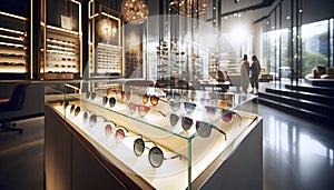 A modern sunglasses display wall, Ai generated image