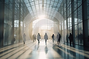 Modern sunlit open space glass hall of office building. Group of people walk through a modern glass building. Generative AI