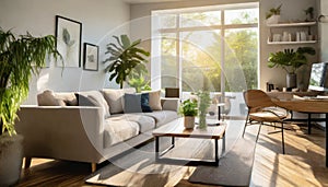 Modern sunny living room interior design with laptop on home office workplace table, cozy sofa furniture and plants.