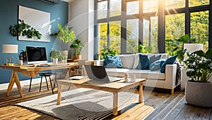 Modern sunny living room interior design with laptop on home office workplace table, cozy sofa furniture and plants.Generative AI