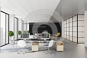 Modern sunny openspace office with monochrome color furniture, big window and wooden details
