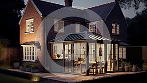 Modern Sunroom or conservatory extending into the garden, surrounded by a block paved patio