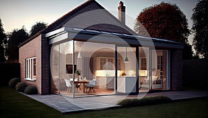 Modern Sunroom or conservatory extending into the garden, surrounded by a block paved patio