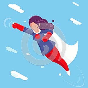 Modern super hero flying sky clowds character flat design vector illustration