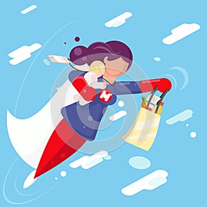 Modern super hero mother flying sky clowds child in hand character flat design vector illustration photo