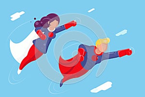 Modern super heroes flying sky clowds character design flat vector illustration photo
