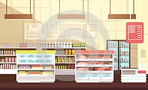 Modern super market empty interior flat vector illustration