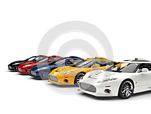 Modern super sports cars in all primary colors