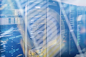 Modern supercomputers in computational data center.