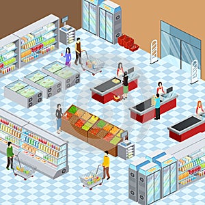 Modern Supermarket Interior Isometric Composition Poster