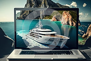 Modern superyacht in caribbean landscape, laptop in front of image. Generative AI