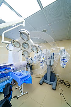 Modern surgical system. Medical robot. Minimally invasive robotic surgery. Medical background