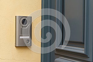 A modern surveillance camera is installed on the front door.