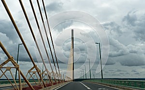 Modern suspension bridge over the river Seine in Normandy in northern France