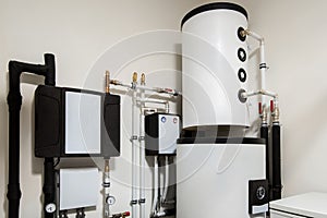 Modern sustainable heat pump installation for heating water and houses